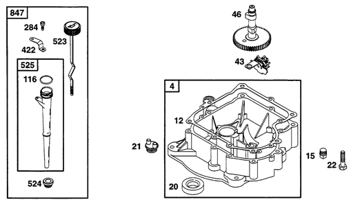 Oil Fill, Sump Diagram and Parts List for 256702-4002-XX  Briggs and Stratton Engine